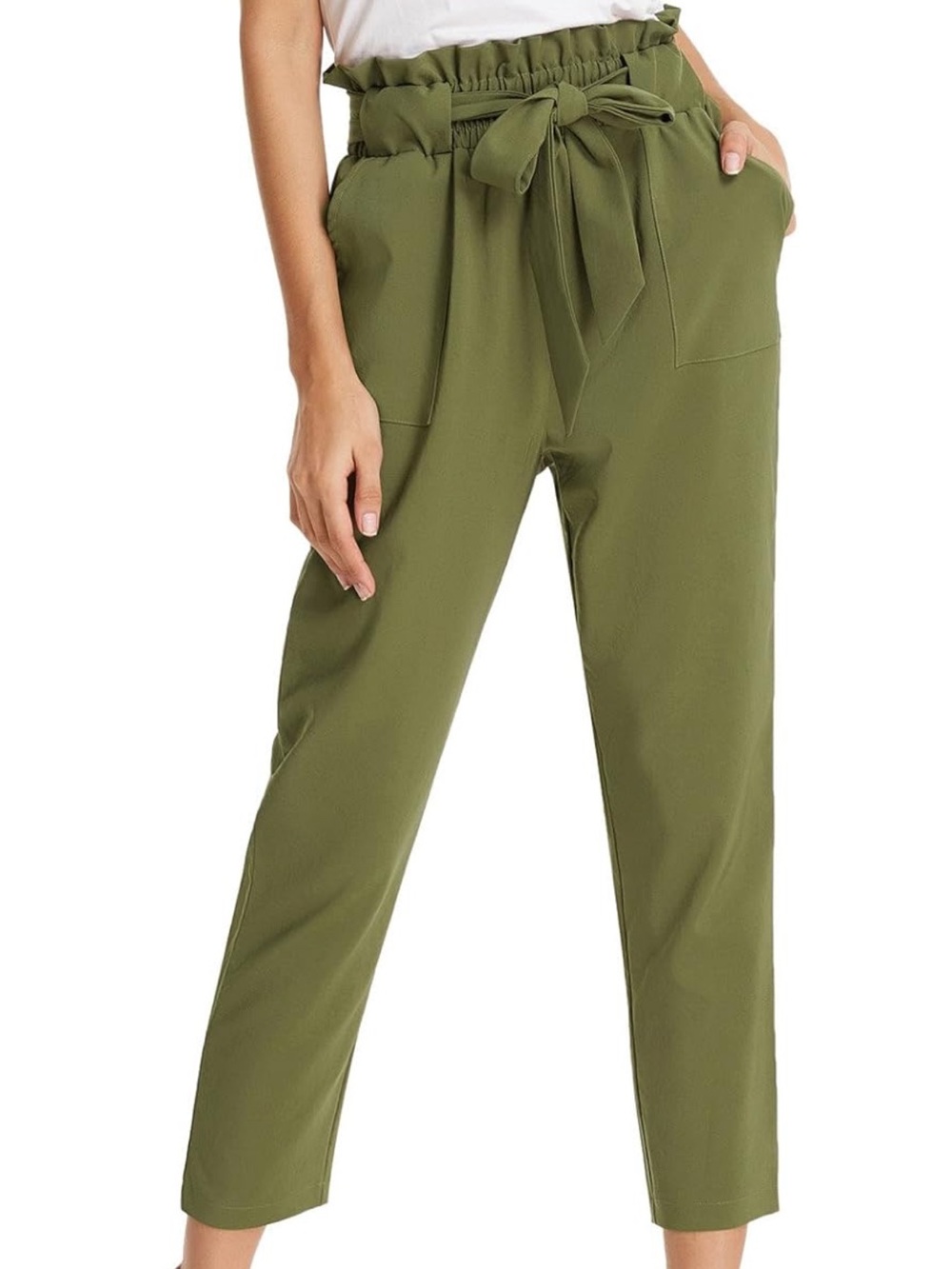 Grace Karin Army Green Olive Paperbag High Waist Cropped Pants With Tie Belt